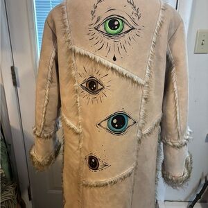 Women's hand painted Tan Faux Fur Trim Coat